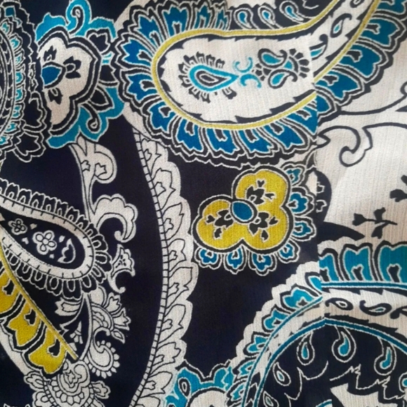 Liz Claiborne Black Blue Ruffle Paisley Cap Sleev Casual Dress Blouse Sz 6 Small - Picture 9 of 11